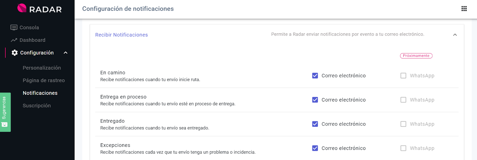 Lanzamientos: Notificaciones de excepción por envío 6